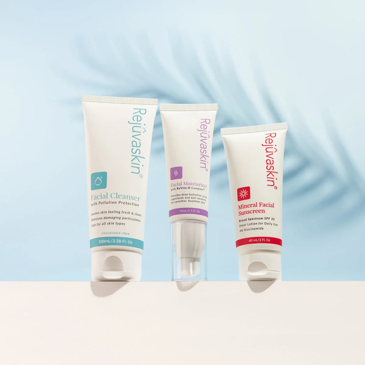 Rejûvaskin Basic Skincare Routine: Gentle, Facial Cleanser, Mineral Facial Suncreen & Deep Hydrating Moisturizer Made From Superfoods