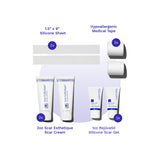Set of scar care products with labels on a white background