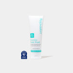 A white squeeze tube of Rejuvaskin Eczema Body Wash with teal text and logo, shown on a light gray background with a small blue-and-white 'Recognized Eczema Association' badge at the lower left.