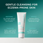 A tube of Rejuvaskin Eczema Body Wash centered on a teal-to-green gradient background with marketing text describing soothing, gentle, and targeted benefits for eczema-prone skin.