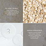 A 2x2 informational collage for a skincare product. The top-left panel shows a close-up of oat flakes with text reading 'COLLOIDAL OATMEAL' and its benefits.