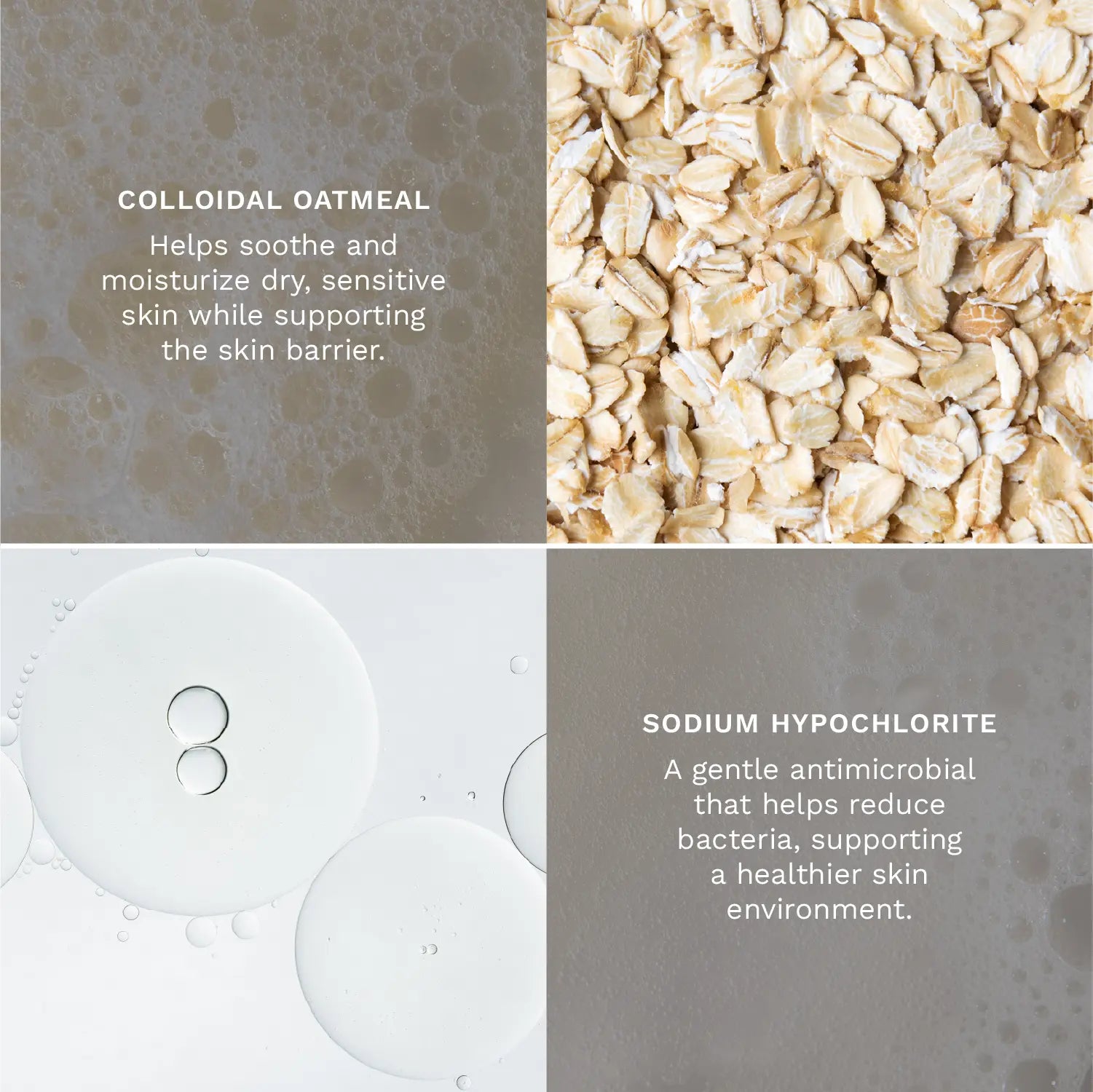 A 2x2 informational collage for a skincare product. The top-left panel shows a close-up of oat flakes with text reading 'COLLOIDAL OATMEAL' and its benefits.