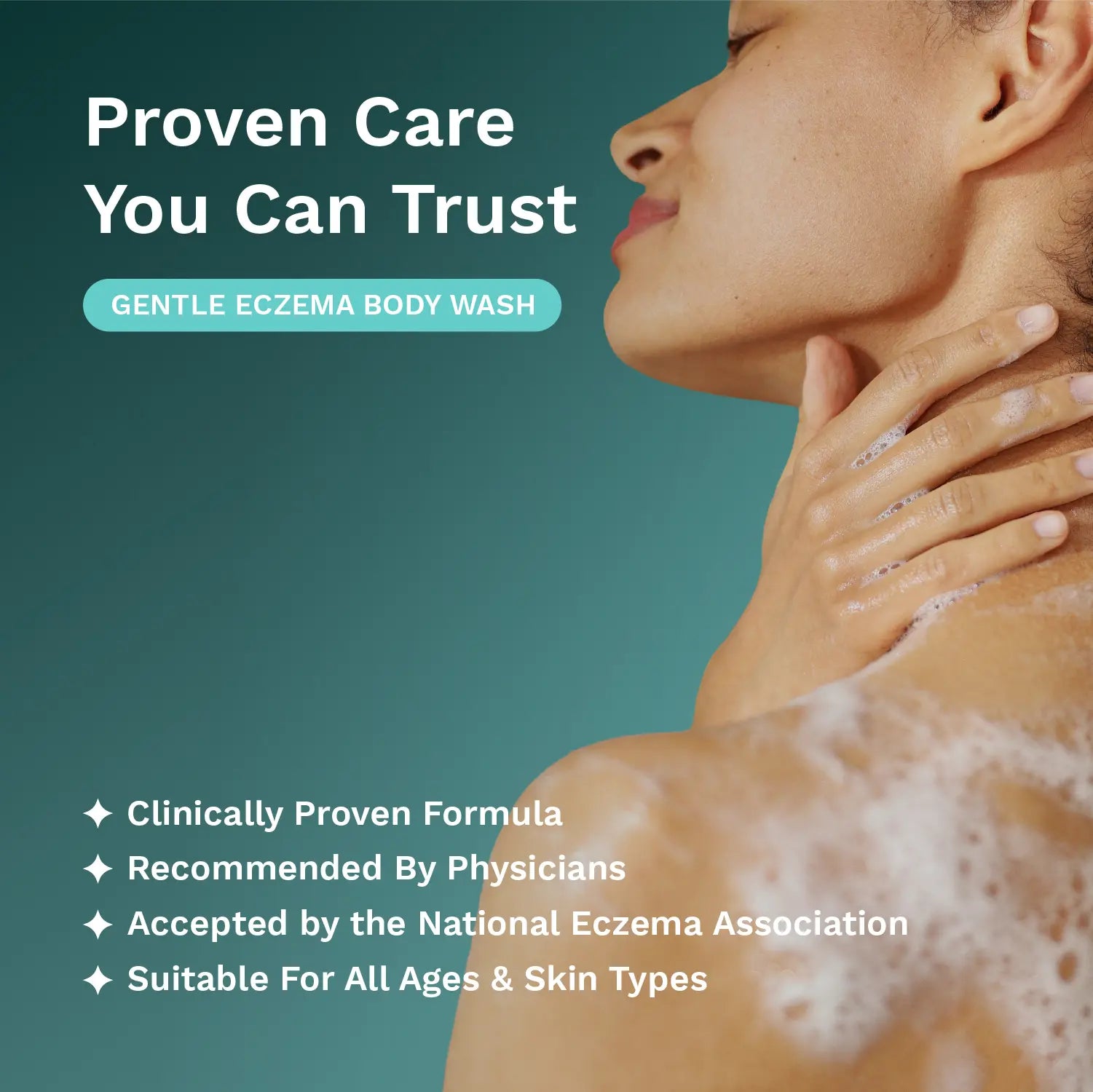 A promotional graphic for gentle eczema body wash featuring a woman with soapy foam on her neck and shoulder against a teal background, with text reading 'Proven Care You Can Trust' and bullet points about clinical proven formula, physician recommendation, National Eczema Association acceptance, and suitability for all ages and skin types.
