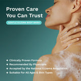 A promotional graphic for gentle eczema body wash featuring a woman with soapy foam on her neck and shoulder against a teal background, with text reading 'Proven Care You Can Trust' and bullet points about clinical proven formula, physician recommendation, National Eczema Association acceptance, and suitability for all ages and skin types.