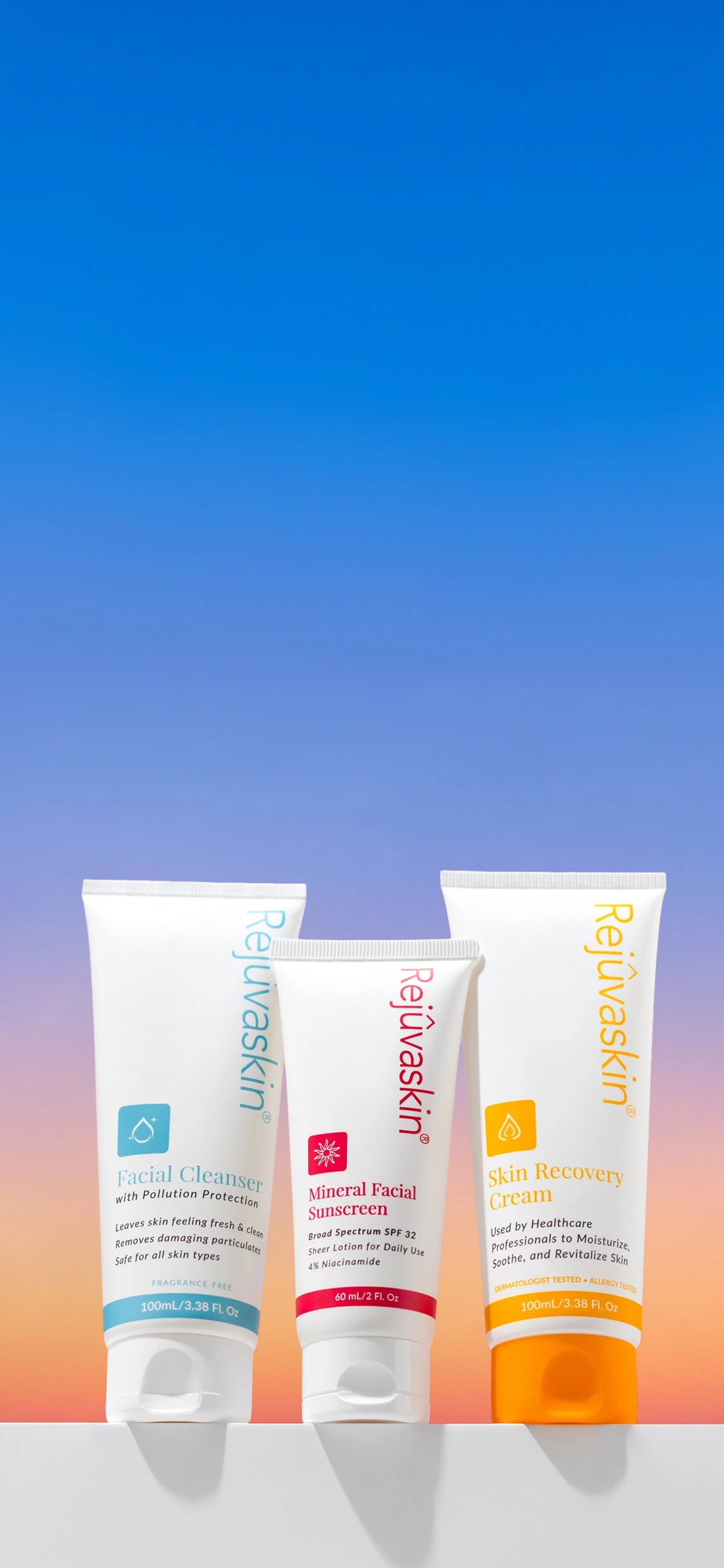 Three skincare tubes from Relivaskin arranged on a white surface against a blue-to-orange gradient background. The tubes are labeled 'Relivaskin' and include 'Purifying Cleanser', 'Mineral Field Sunscreen', and 'Skin Recovery Cream'.
