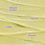 Textured photo of Retinoid Eye Cream including ingredients like TriRetinX Complex, Aquacell, Coffee, & Avocado